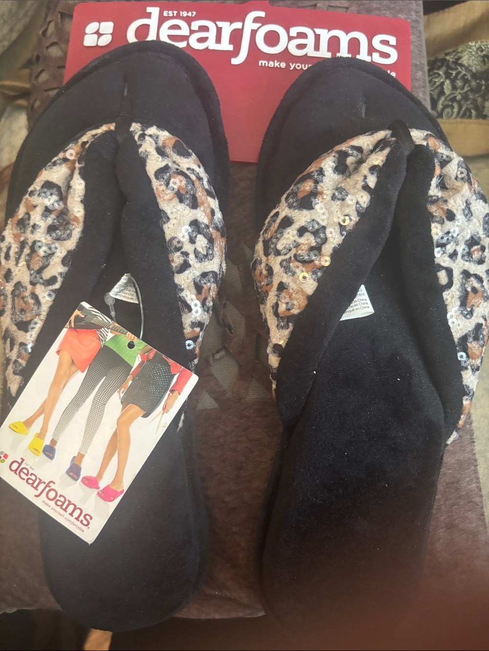 dearfoams Black Flip Flop Slippers with Leopard Sequin Straps